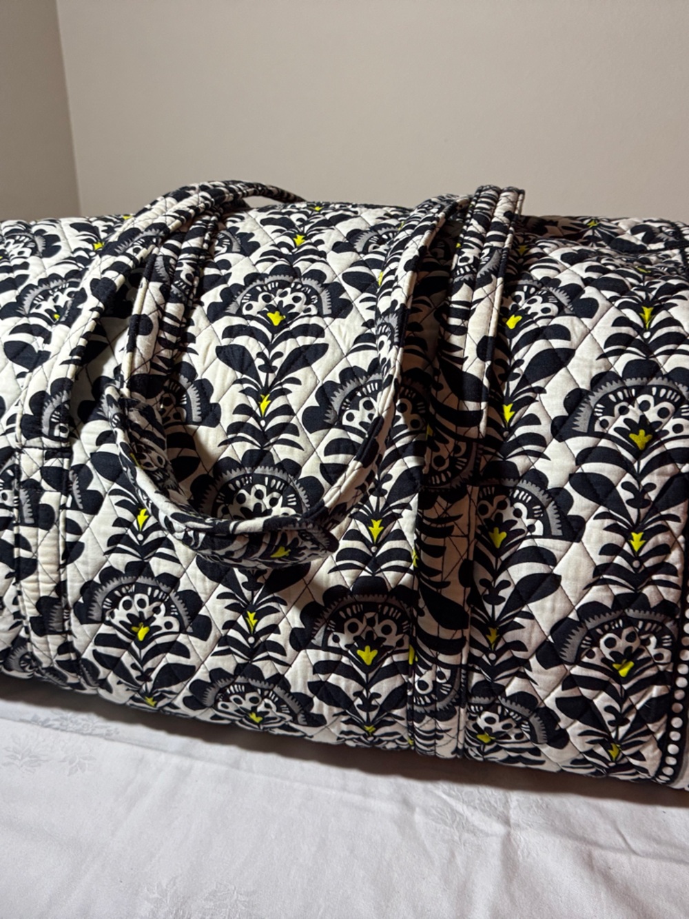 Vera Bradley Large Fanfare Weekender Black, White & Yellow Quilted Duffle Bag.